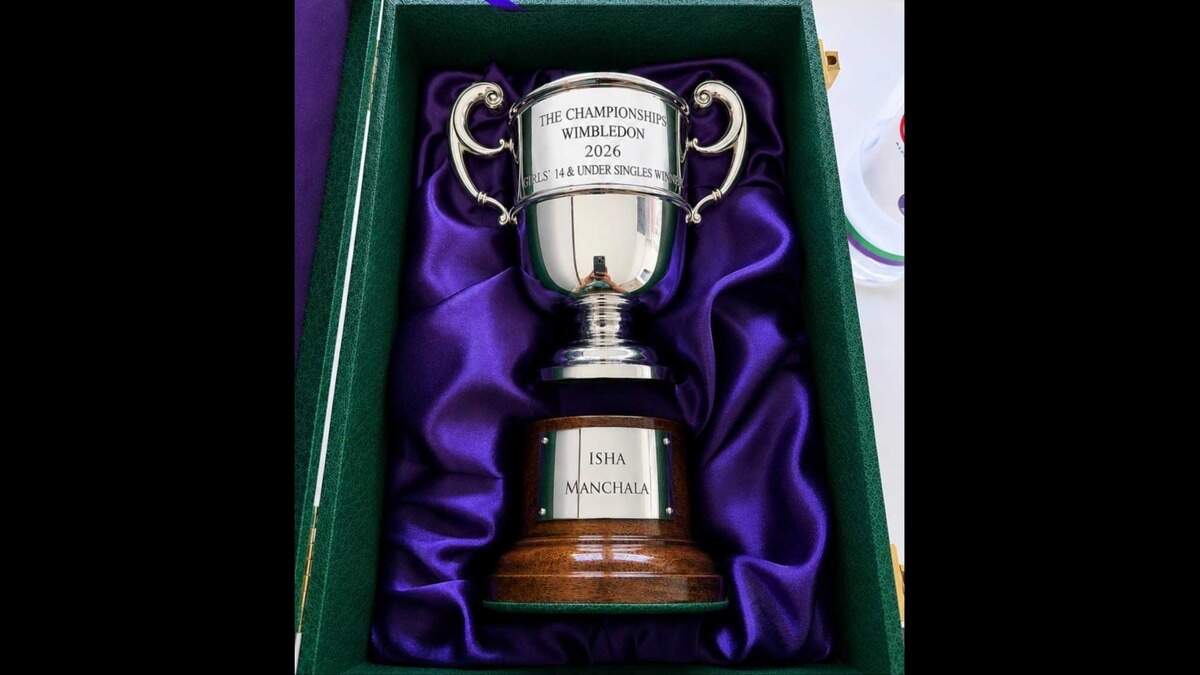 Isha Manchala’s trophy for winning the 2026 Wimbledon girls’ 14 and under championship.