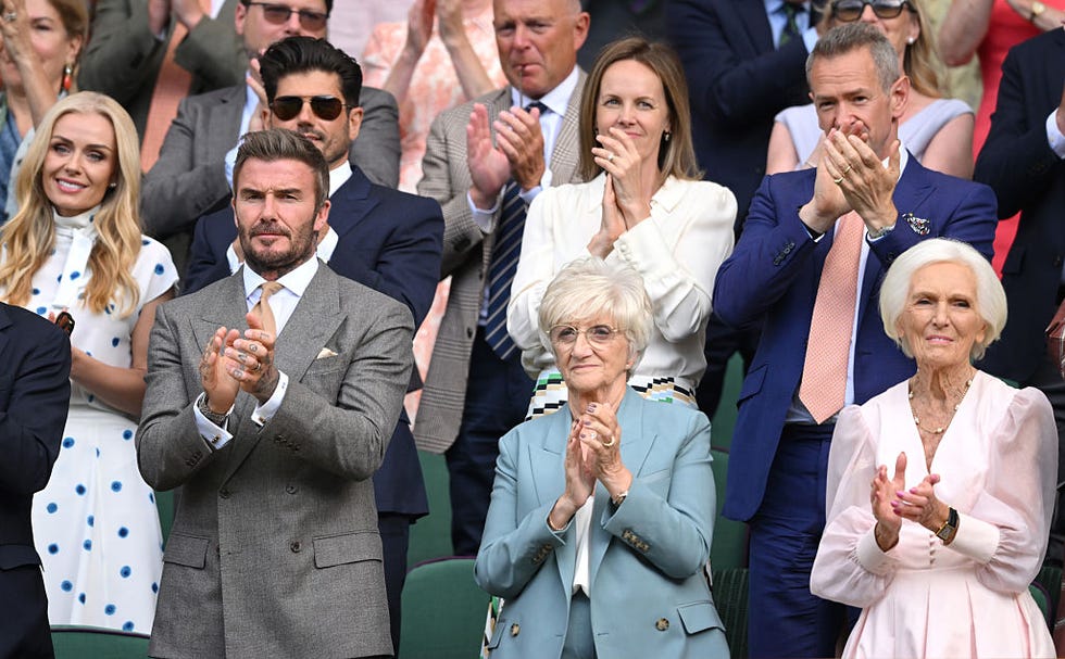 london, england june 29: (l r) katherine jenkins, david beckham, andrew levitas, sandra beckham, hannah bronwen snow, alexander armstrong and dame mary berry attend day one of the 2026 wimbledon tennis championships at the all england lawn tennis and croquet club on june 29, 2026 in london, england. (photo by karwai tang/wireimage)