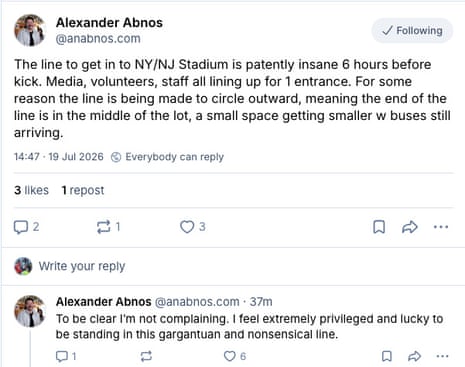 The line to get in to NY/NJ Stadium is patently insane 6 hours before kick. Media, volunteers, staff all lining up for 1 entrance. For some reason the line is being made to circle outward, meaning the end of the line is in the middle of the lot, a small space getting smaller w buses still arriving.