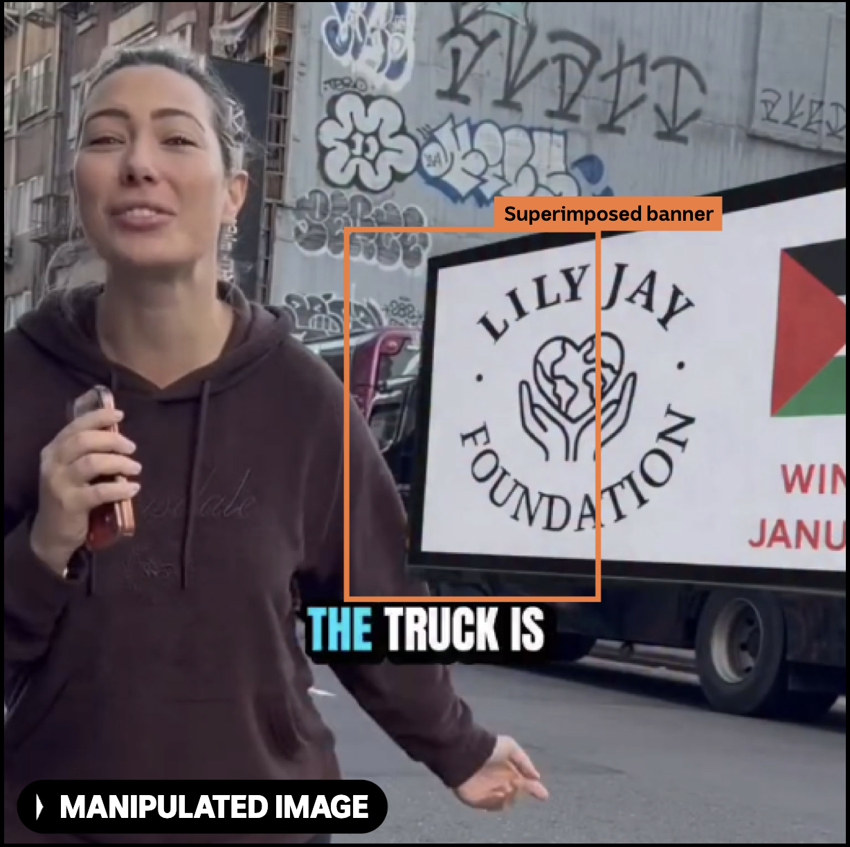An image of a woman in a street featuring AI-generated content
