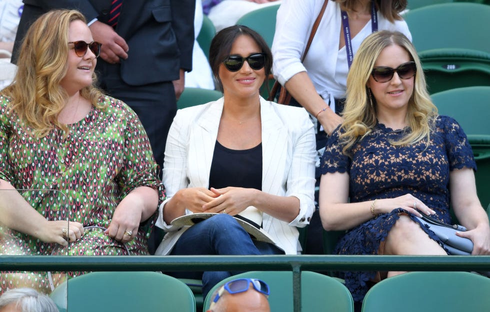 Celebrities Attend Wimbledon 2019 london, england july 04: meghan, duchess of sussex (c) attends day 4 of the wimbledon tennis championships at the all england lawn tennis and croquet club on july 04, 2019 in london, england. (photo by karwai tang/getty images)