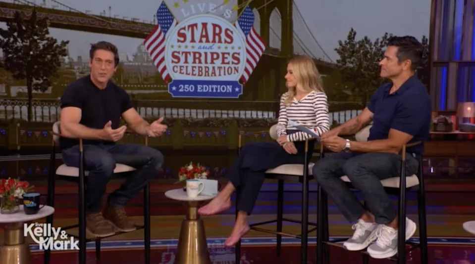 David Muir, Kelly Ripa and Mark Consuelos in studio