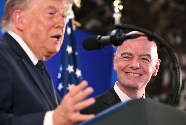 FIFA President Gianni Infantino (right) smiles as U.S. President Donald Trump speaks during a FIFA reception at Trump Tower on Friday in New York City. (Photo by Mandel Ngan/AFP via Getty Images)