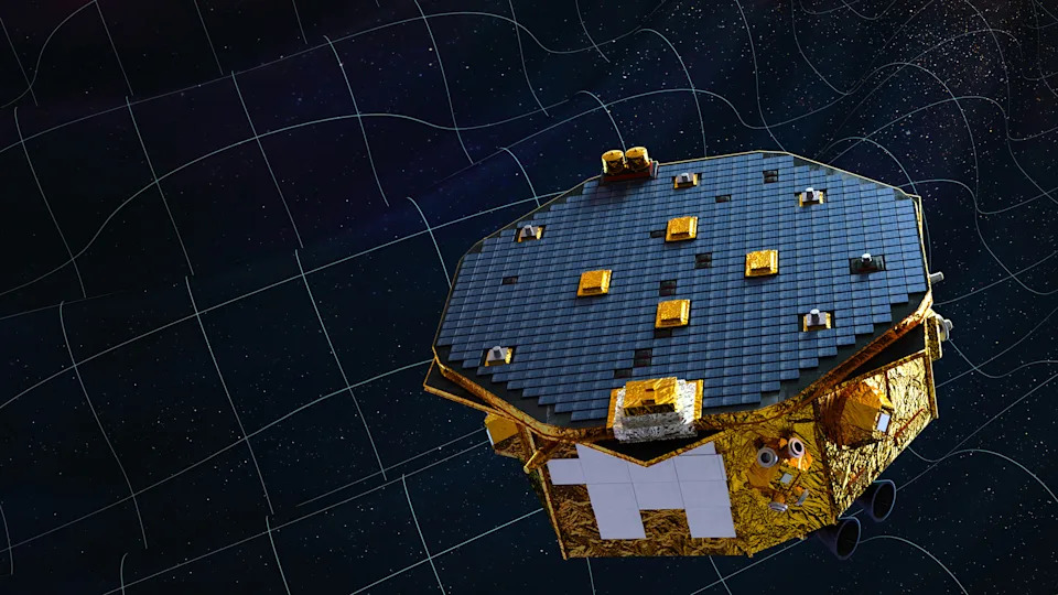 An illustration of a gold space probe with a flat top full of solar panels in front of wavy grid marks