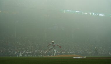 St. Louis Cardinals pitcher Kyle Leahy throws the ball in the fog against the Chicago Cubs during the sixth inning of a baseball game Saturday, July 4, 2026, in Chicago. (AP Photo/David Banks)