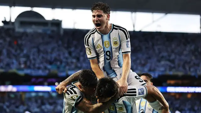 Lisandro Martinez #6 of Argentina celebrates with teammates after scoring the team's second goal during the FIFA World Cup 2026 Round of 32 match between Argentina and Cabo Verde at Miami Stadium on July 03, 2026 in Miami Gardens, Florida.
