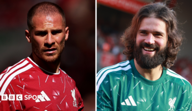 Alexis Mac Allister and Alisson during Liverpool's final game of the 2025-26 season