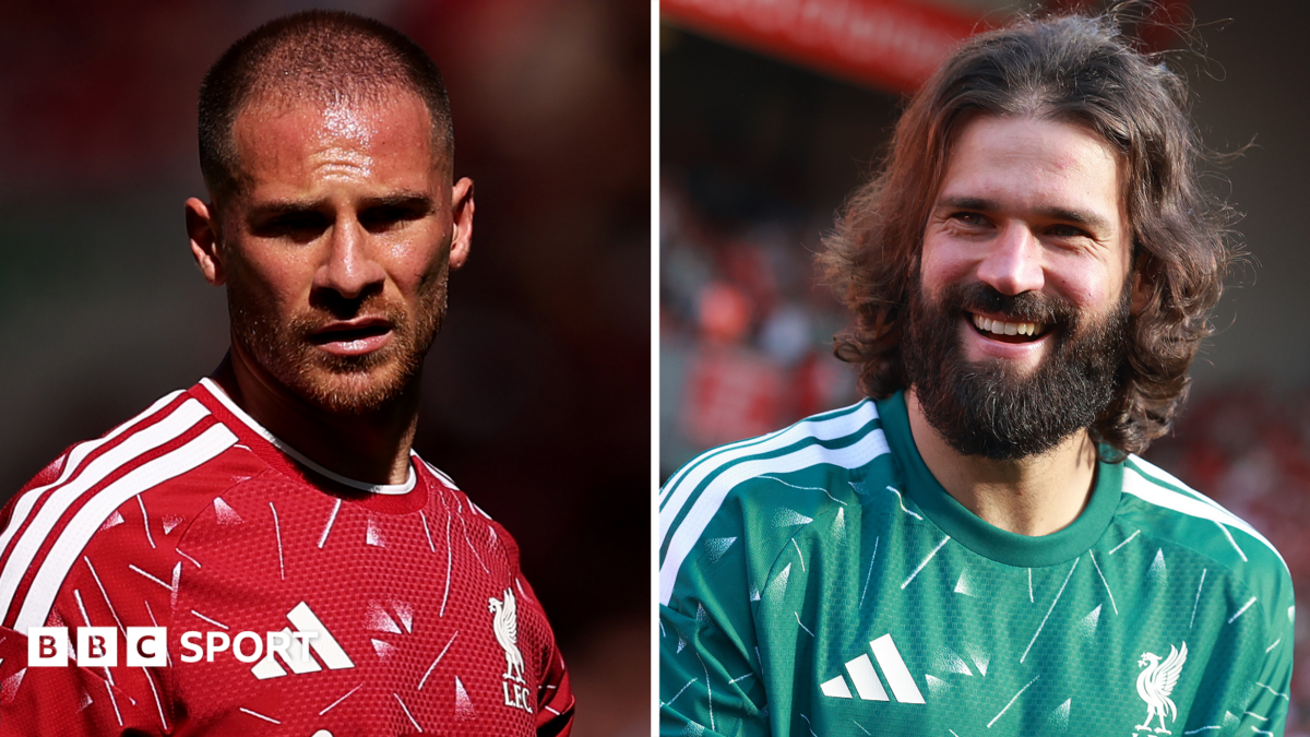 Alexis Mac Allister and Alisson during Liverpool's final game of the 2025-26 season