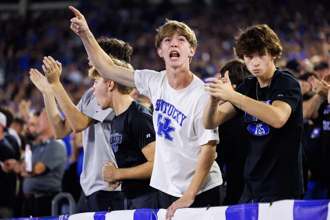 Oct 12, 2024; Lexington, Kentucky, USA; Fans cheer on the Kentucky Wildcats during the first quarter against the Vanderbilt Commodores at Kroger Field. Mandatory Credit: Jordan Prather-Imagn Images