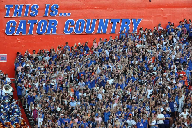 Nov 16, 2024; Gainesville, Florida, USA; A general view of Ben Hill Griffin Stadium as fans cheer between the Florida Gators and LSU Tigers . Mandatory Credit: Kim Klement Neitzel-Imagn Images