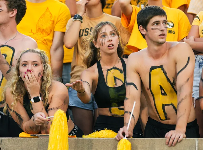 Sep 21, 2024; Columbia, Missouri, USA; Missouri Tigers fans react after a punt during the second half against the Vanderbilt Commodores at Faurot Field at Memorial Stadium. Mandatory Credit: Jay Biggerstaff-Imagn Images