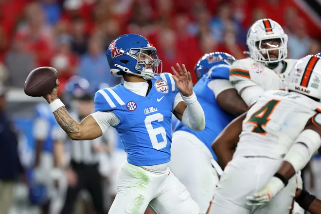 Trinidad Chambliss #6 of the Ole Miss Rebels throws a pass against the Miami Hurricanes during the 2025 College Football Playoff Semifinal