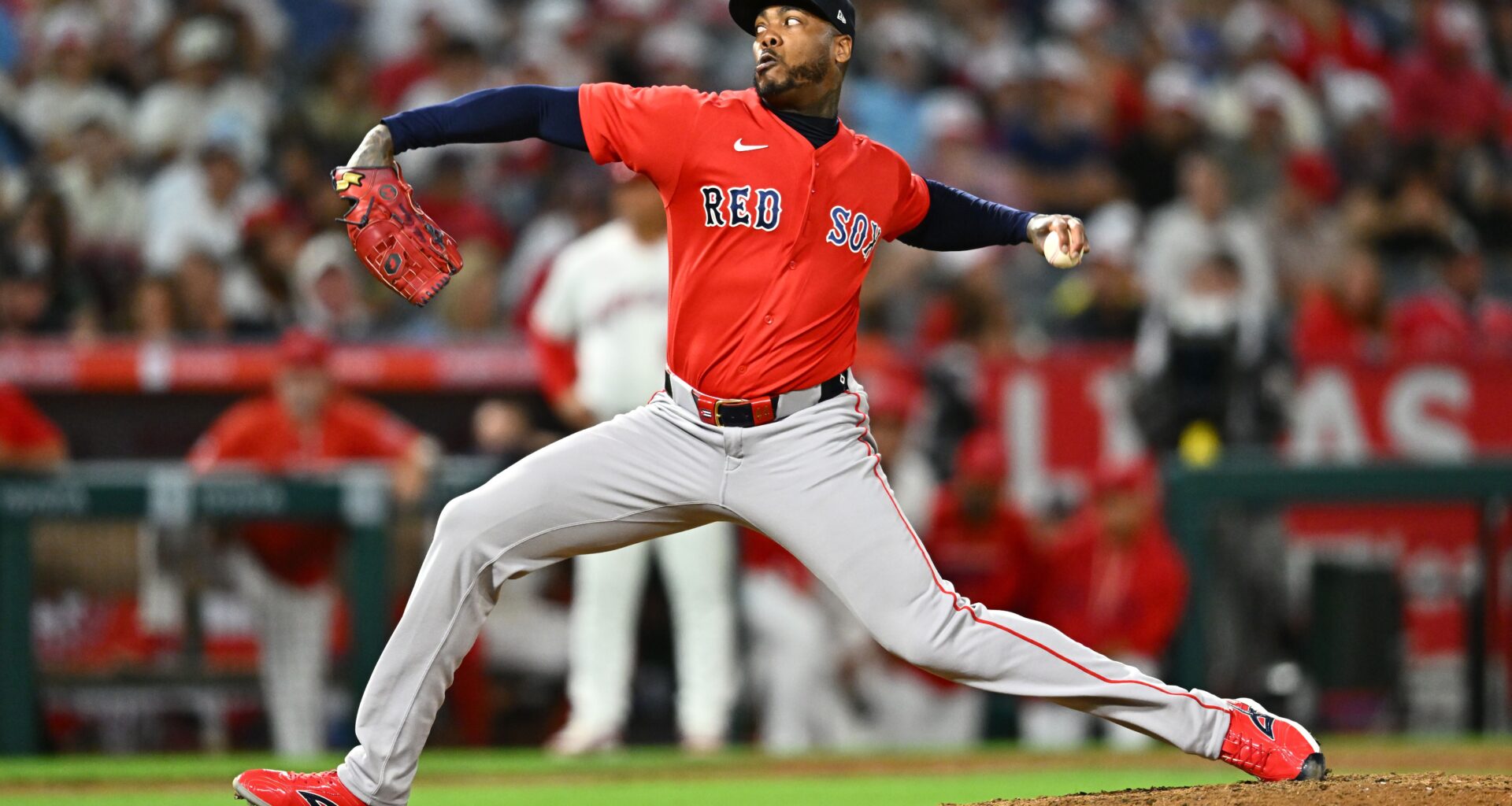 Boston Red Sox pitcher Aroldis Chapman delivers during the ninth inning of a baseball game against the Los Angeles Angels, Friday, July 3, 2026, in Anaheim, Calif. (AP Photo/William Liang)