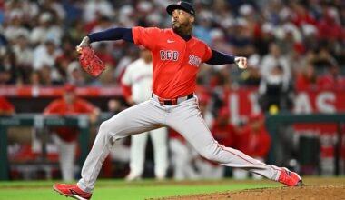 Boston Red Sox pitcher Aroldis Chapman delivers during the ninth inning of a baseball game against the Los Angeles Angels, Friday, July 3, 2026, in Anaheim, Calif. (AP Photo/William Liang)