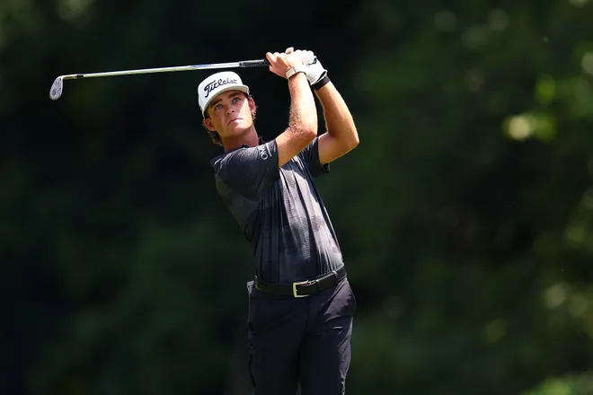 Jackson Koivun of the United States plays a shot on the sixth hole during the second round of the John Deere Classic 2026 at TPC Deere Run on July 03, 2026 in Silvis, Illinois.