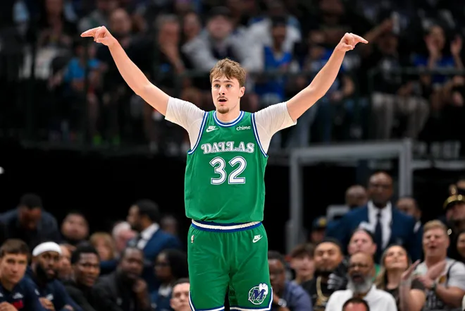 Mar 21, 2026; Dallas, Texas, USA; Dallas Mavericks forward Cooper Flagg (32) celebrates during the game between the Mavericks and the Clippers at American Airlines Center. Mandatory Credit: Jerome Miron-Imagn Images