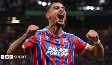 Maxence Lacroix celebrating after Crystal Palace's Europa Conference League final won over Rayo Vallecano.