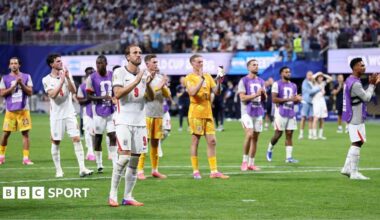 England players on the field applauding the fans after the World Cup semi-final defeat to Argentina