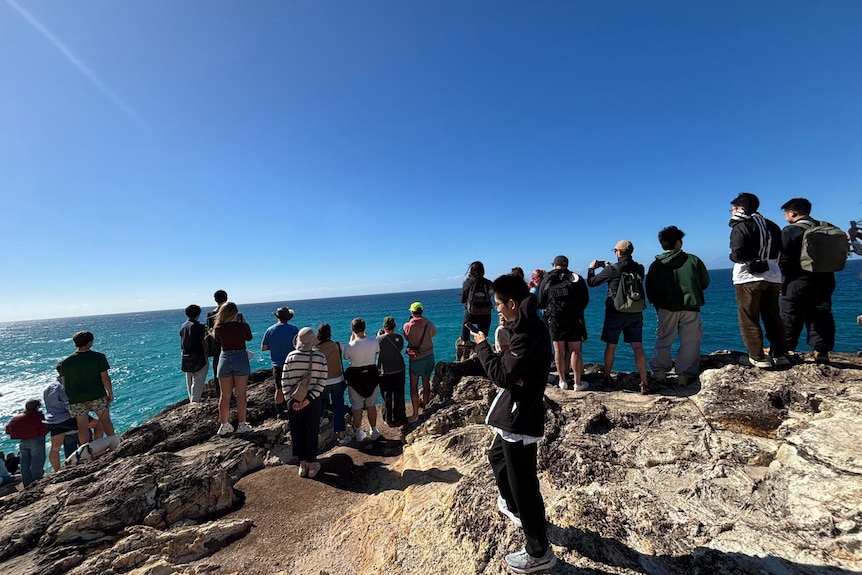 A group of people stand on rocks next to the water below on a blue sky day.