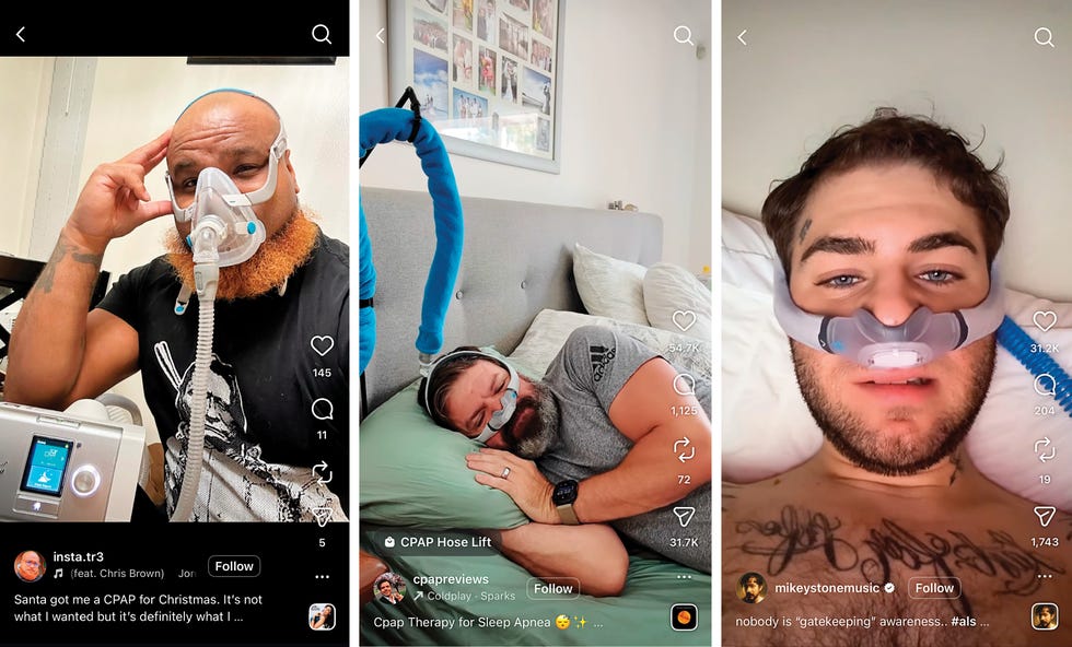 Three individuals using CPAP machines for sleep apnea therapy in various settings.
