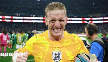 England goalkeeper Jordan Pickford celebrates after his superb display in the win against Mexico at The Azteca.