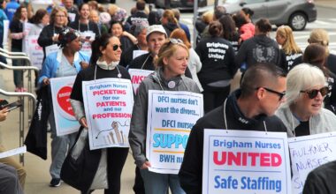 Brigham and Women’s Hospital nurses, shown picketing in 2024, are planning to hold their first-ever strike starting Wednesday.