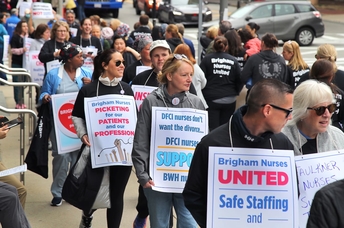 Brigham and Women’s Hospital nurses, shown picketing in 2024, are planning to hold their first-ever strike starting Wednesday.