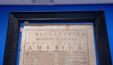 The US Declaration of Independence is on display at Sotheby’s in New York on June 25, 2024 (Photo by ANGELA WEISS / AFP)