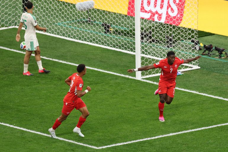 VANCOUVER, BRITISH COLUMBIA - JULY 02: Breel Embolo #7 of Switzerland celebrates scoring his team's first goal during the FIFA World Cup 2026 Round of 32 match between Switzerland and Algeria at BC Place Vancouver on July 02, 2026 in Vancouver, British Columbia. Fran Santiago/Getty Images/AFP (Photo by Fran Santiago / GETTY IMAGES NORTH AMERICA / Getty Images via AFP)