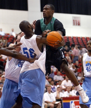 The Boston Celtics and Denver Nuggets clash during the first year of the NBA Summer League at Cox Pavilion on July 13, 2004.