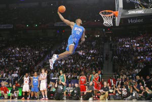 Dwight Howard competes in the Slam Dunk Contest during NBA All-Star Weekend in Las Vegas on February 17, 2007.  