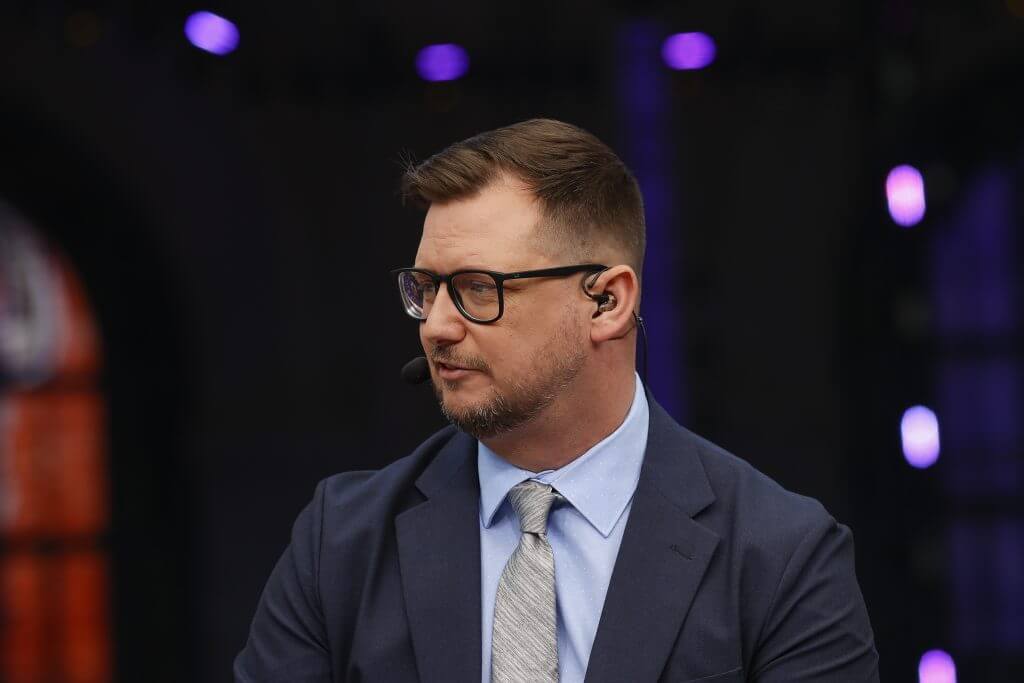 ESPN studio analyst Matt Miller is shown on set during the 2023 NFL Draft.