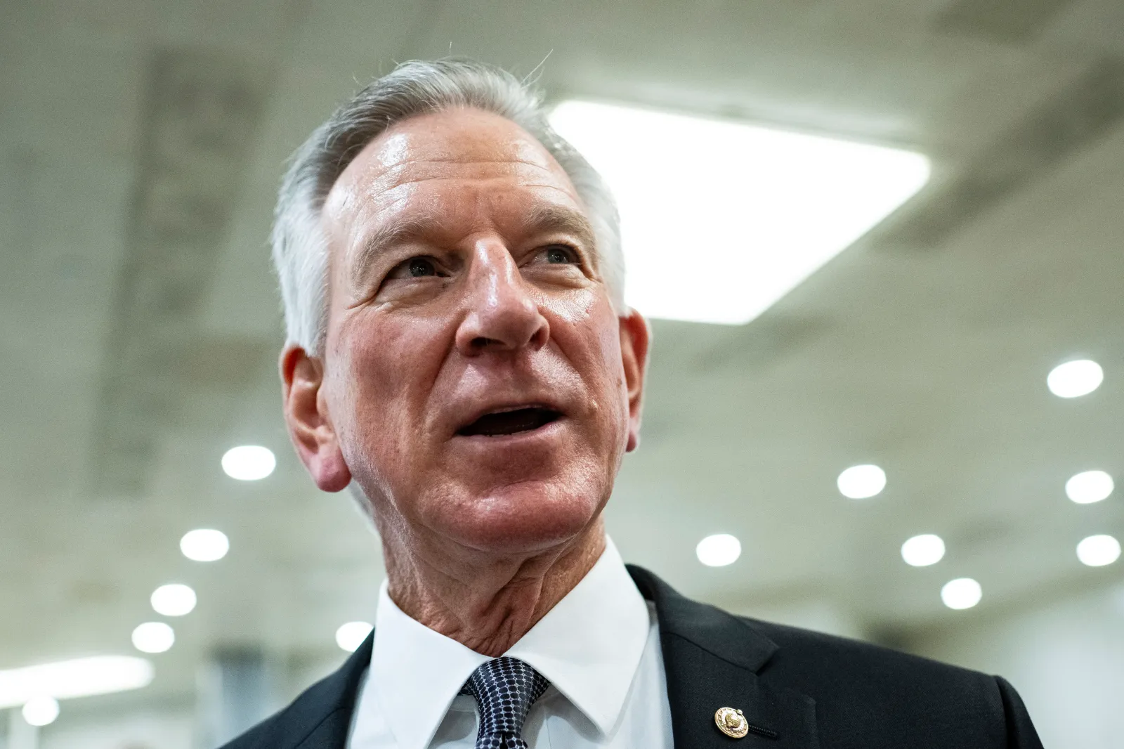 Senator Tommy Tuberville, an Alabama Republican, speaks to media at the U.S. Capitol, in Washington, D.C., on September 28, 2023. (Graeme Sloan/Sipa USA)(Sipa via AP Images)