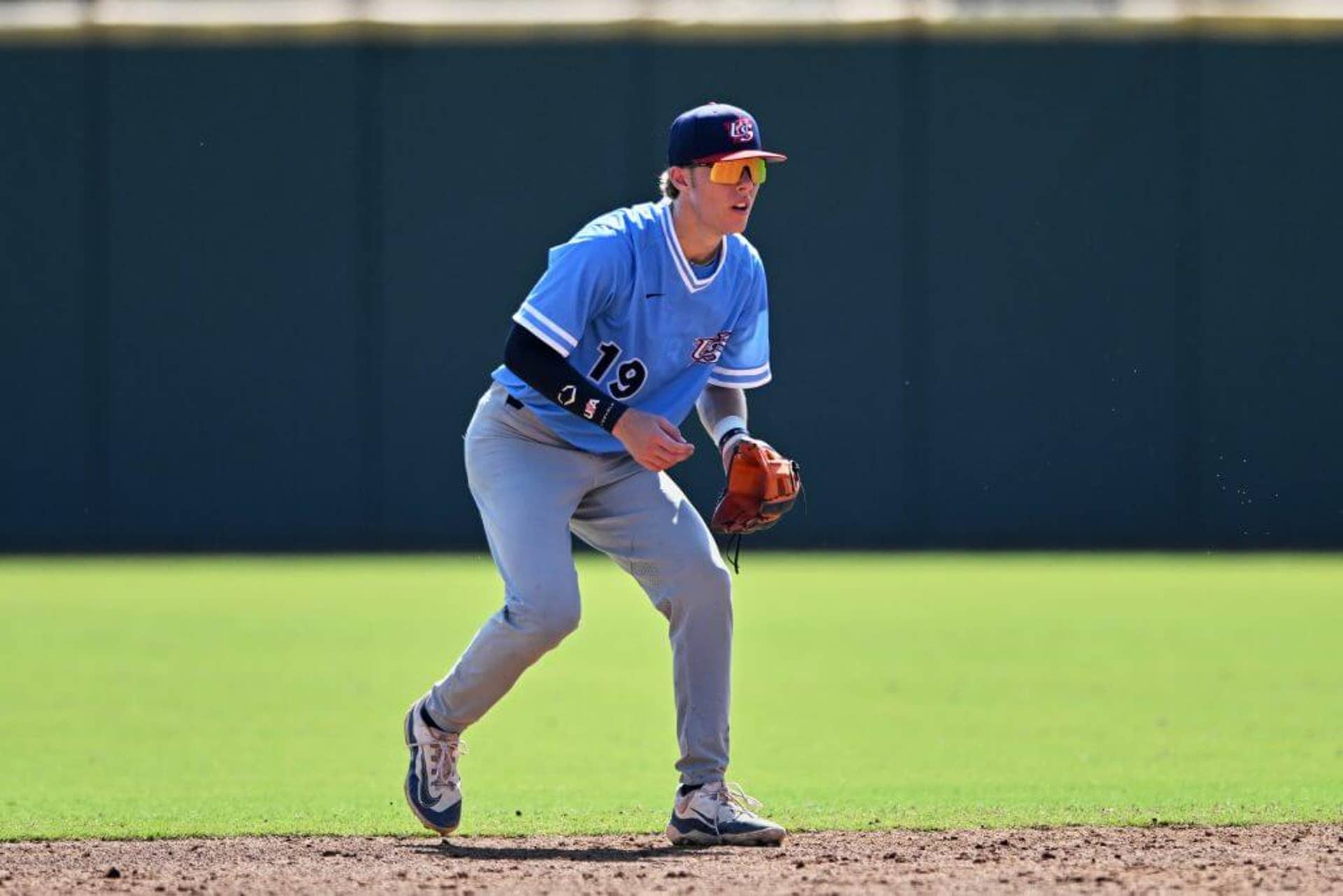 Team Light Blue second baseman Grady Emerson (19) during Phase 1 of the USA Baseball 18U National Team Training Camp on July 19, 2025 at the USA Baseball Training Facility in Cary, North Carolina.