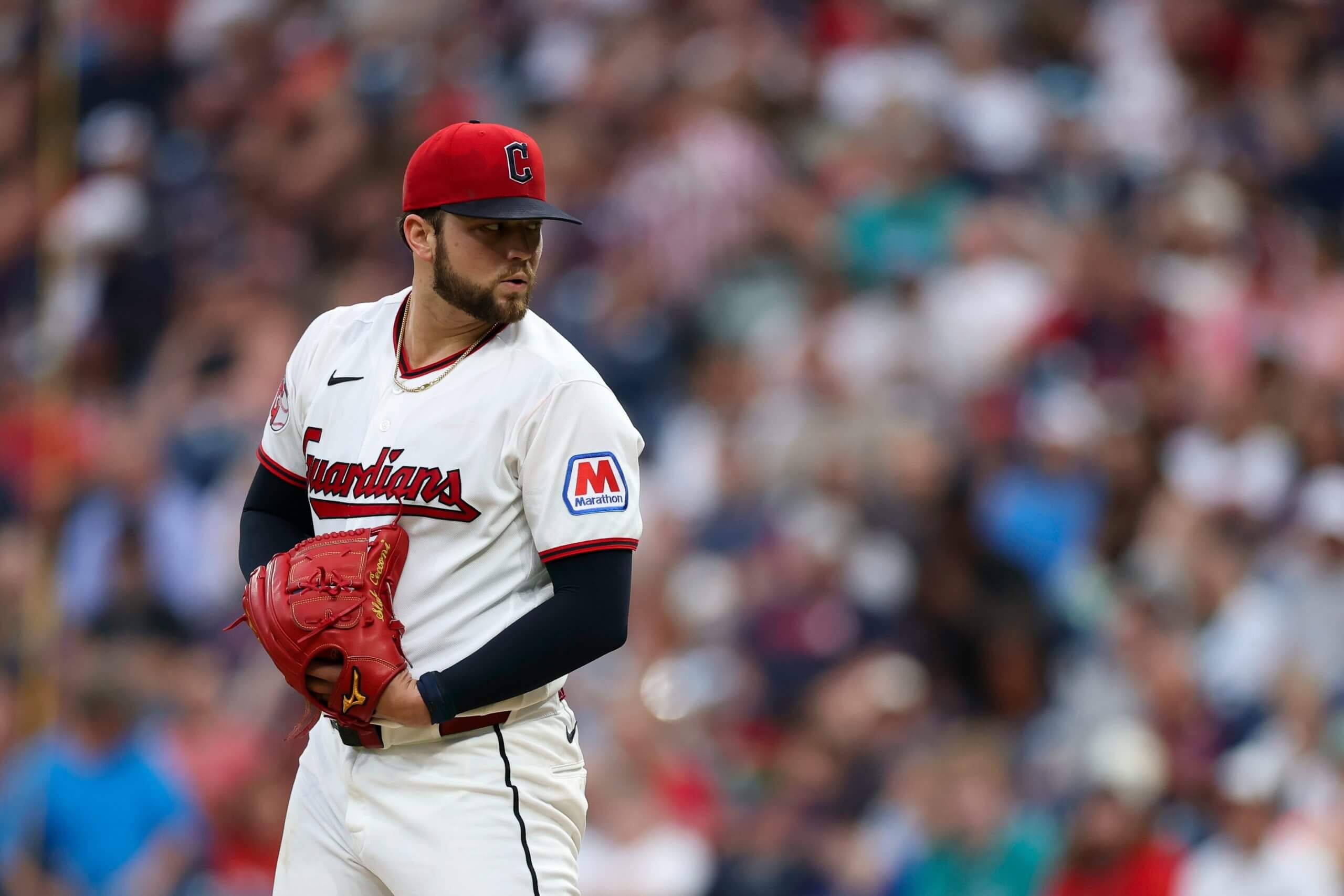 Slade Cecconi prepares to pitch for the Cleveland Guardians.