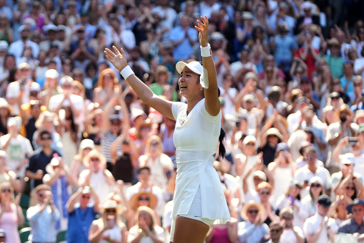 Alexandra Eala of the Philippines celebrates winning the third round women's singles match against Iga Swiatek of Poland at the Wimbledon Tennis Championships in London, Saturday, July 4, 2026.(AP Photo/Maja Smiejkowska)