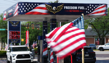 A flag flies at Freedom Fuel Network gas station in Dresher, Pa., Friday, July 10, 2026. (AP Photo/Matt Rourke)