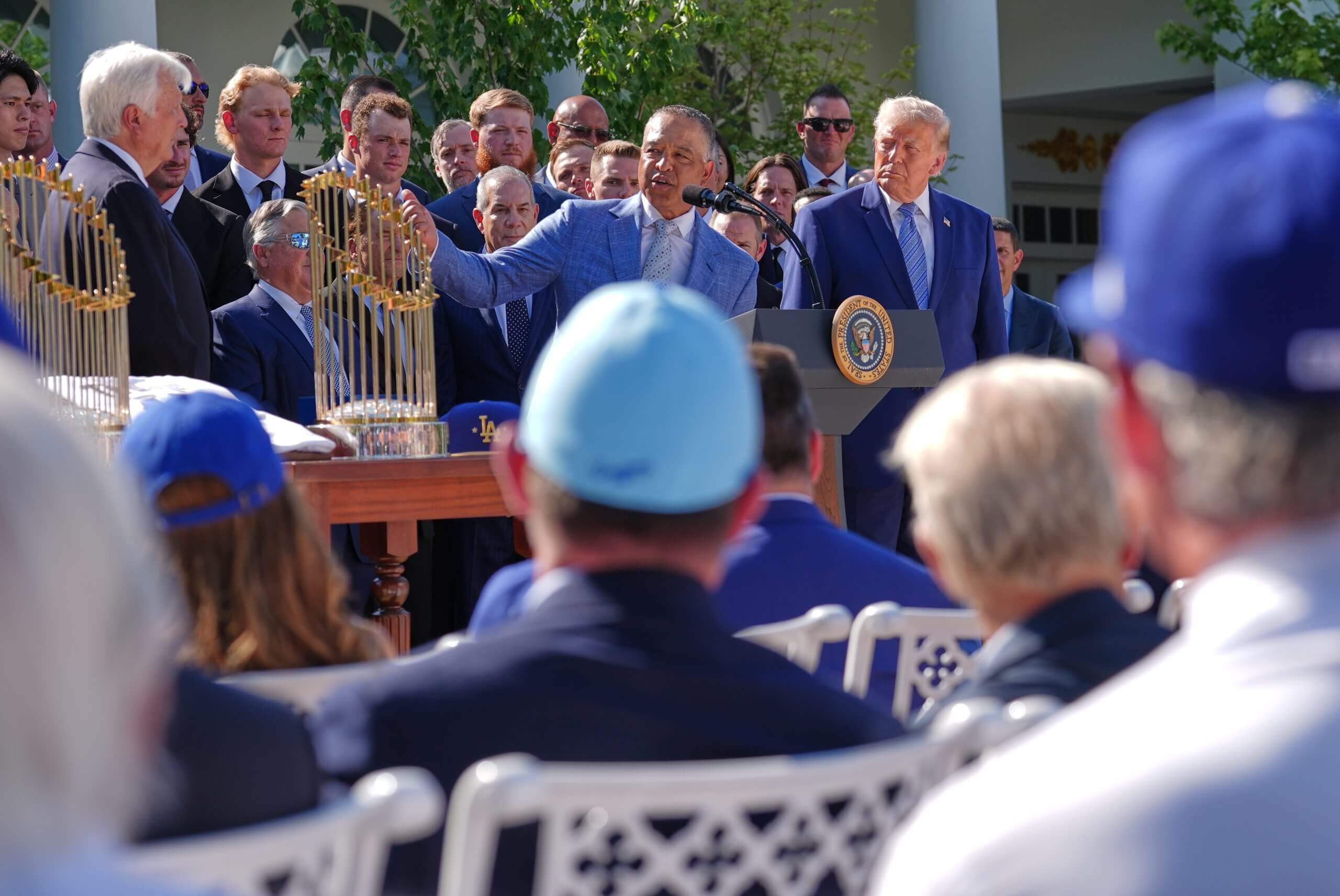 Dodgers manager Dave Roberts speaks at a White House ceremony.