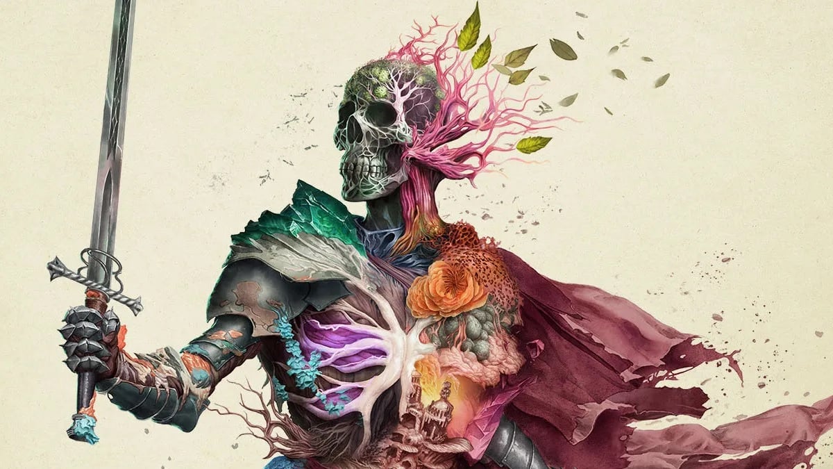 A colorful skeleton warrior holds a sword.