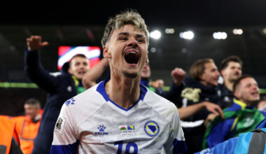 CARDIFF, WALES - MARCH 26: Kerim Alajbegovic of Bosnia and Herzegovina celebrates after winning in the penalty shoot out in the FIFA World Cup 2026 European Qualifiers KO play-off match between Wales and Bosnia and Herzegovina at Cardiff City Stadium on March 26, 2026 in Cardiff, Wales. (Photo by Dan Mullan/Getty Images)