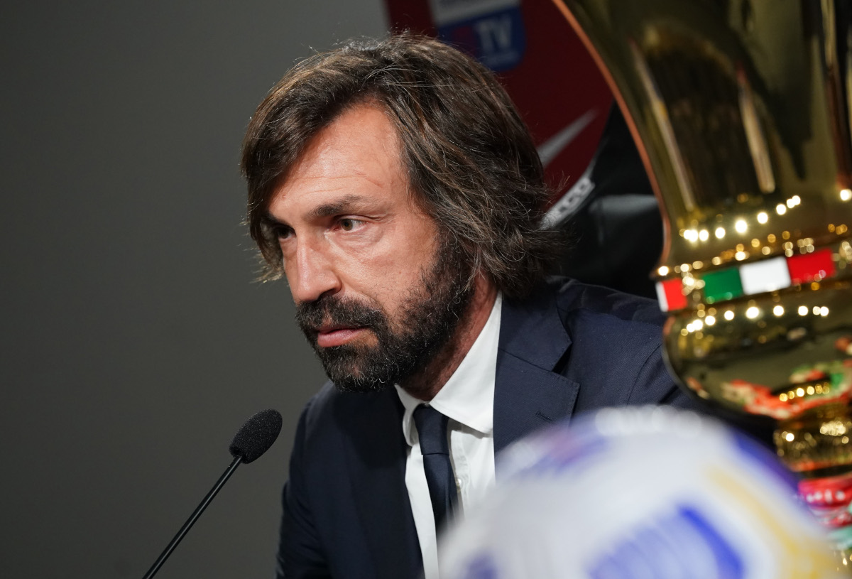 REGGIO NELL'EMILIA, ITALY - MAY 18: Head coach of Juventus Andrea Pirlo speaks with the media during an Juventus press conference ahead of the TIMVISION Cup Final between Atalanta BC and Juventus on May 18, 2021 in Reggio nell'Emilia, Italy. (Photo by Claudio Villa/Getty Images for Lega Serie A)