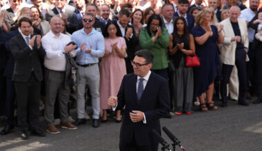 Andy Burnham makes a speech in front of a crowd outside 10 Downing Street, London.
