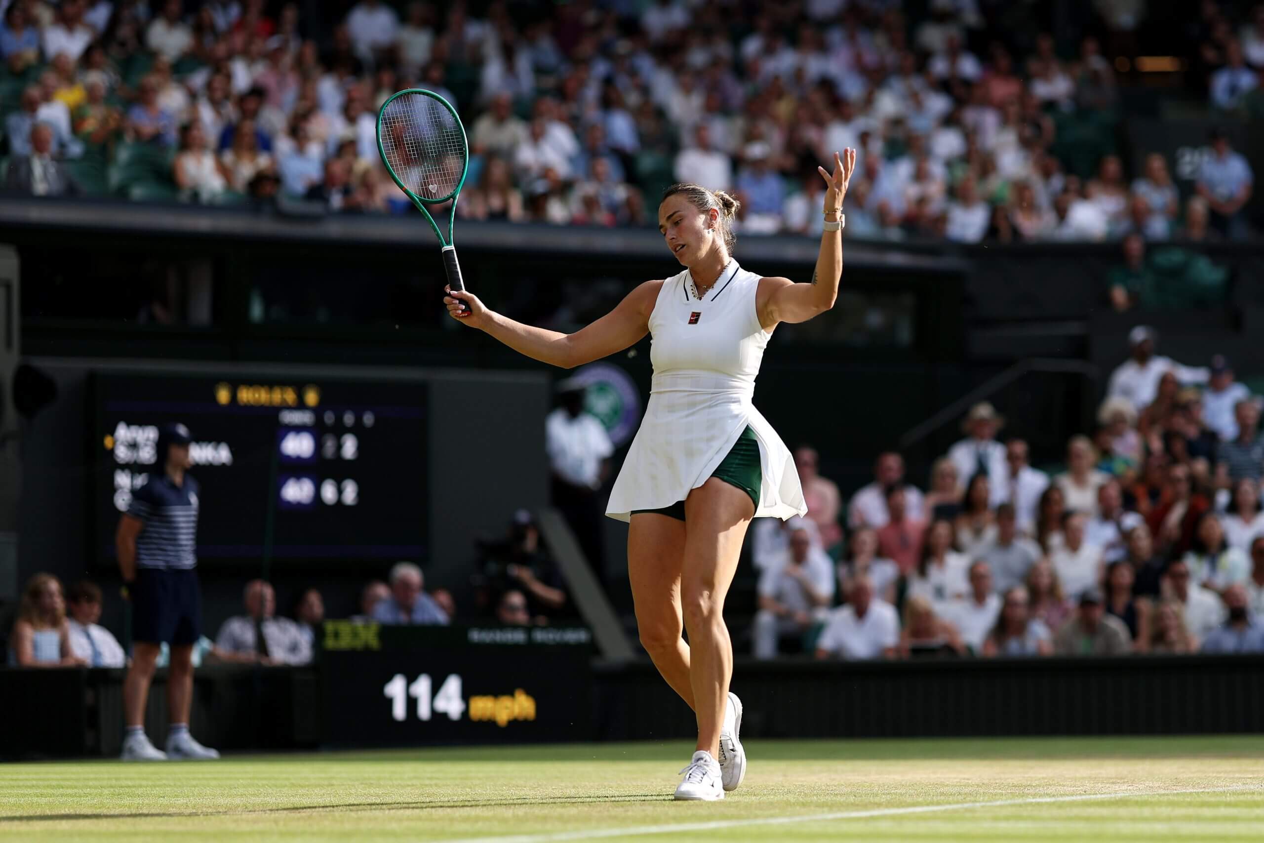 Aryna Sabalenka raises her arms in disbelief on a grass tennis court with a crowd behind her.