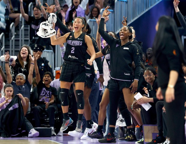 The Golden State Valkyries bench celebrates a 3-point basket by Golden State Valkyries' Gabby Williams (1) against the New York Liberty in the second quarter at the Chase Center in San Francisco, Calif., on Sunday, June 28, 2026. (Nhat V. Meyer/Bay Area News Group)