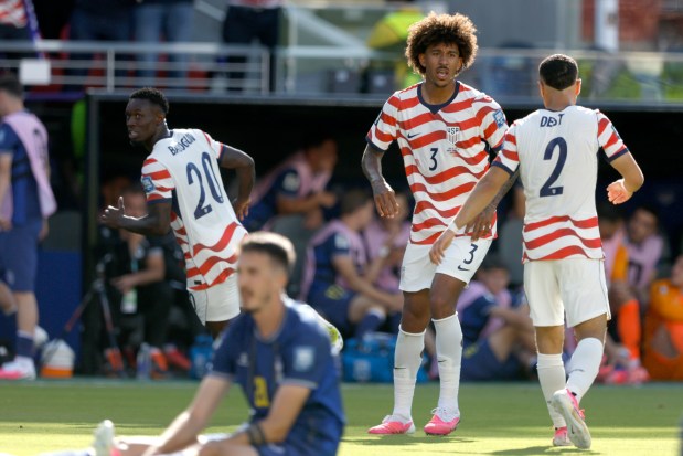 United States forward Folarin Balogun (20) and teammates celebrate his goal against Bosnia during the first half of a FIFA World Cup round of 32 match between the United States and Bosnia and Herzegovina at Levi's Stadium in Santa Clara, Calif., on Wednesday, July 1, 2026. (Ray Chavez/Bay Area News Group)