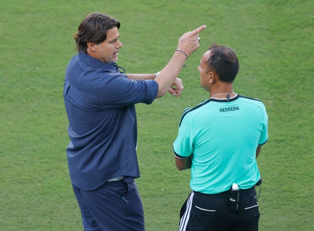 United States head coach Mauricio Pochettino talks to a referee during their game against Bosnia and Herzegovina in the first half for the FIFA World Cup at Levi's Stadium in Santa Clara, Calif., on Wednesday, July 1, 2026. (Nhat V. Meyer/Bay Area News Group)