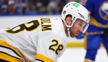 Boston Bruins center Elias Lindholm (28) lines up for a faceoff during the second period in Game 1 of a first-round NHL hockey Stanley Cup playoff series against the Buffalo Sabres Sunday, April 19, 2026, in Buffalo, N.Y.
