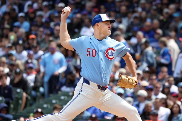 Cubs pitcher Jameson Taillon (50) throws against the Astros in the first inning at Wrigley Field on May 22, 2026. (Terrence Antonio James/Chicago Tribune)