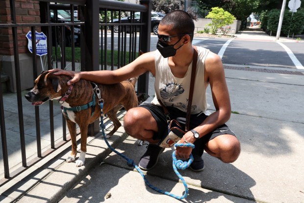 Shravan Raghuram, with J&M Dog Walking, takes Roo out for walk in Chicago's Bucktown neighborhood on July 17, 2026. Raghuram wears a face mask while working due to the wildfire smoke impacting the city. (Terrence Antonio James/Chicago Tribune)