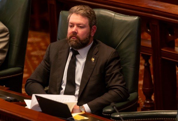 State Rep. Harry Benton, D-Plainfield, sits in the House chamber as lawmakers discuss bills at the Illinois State Capitol on April 8, 2026. (Eileen T. Meslar/Chicago Tribune)